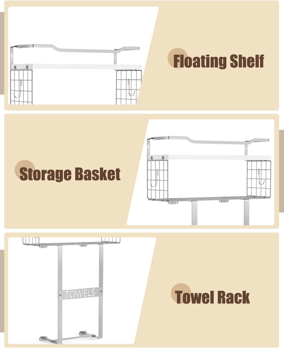 Towel Racks for Bathroom Wall Mounted - Bath Wall Towel Holder Set Above Toilet Storage, Rolled Towel Shelf Organizer