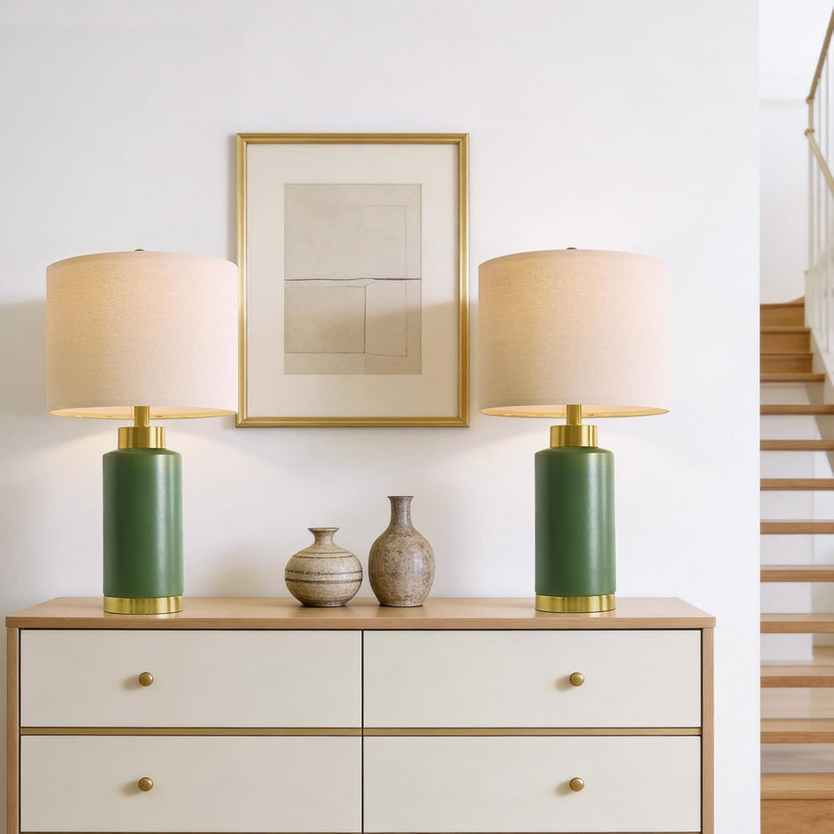 USumkky 25" Green Ceramic Table Lamp Set of 2, Modern Mid-Century Bedside Nightstand Lamps for Bedroom Living Room