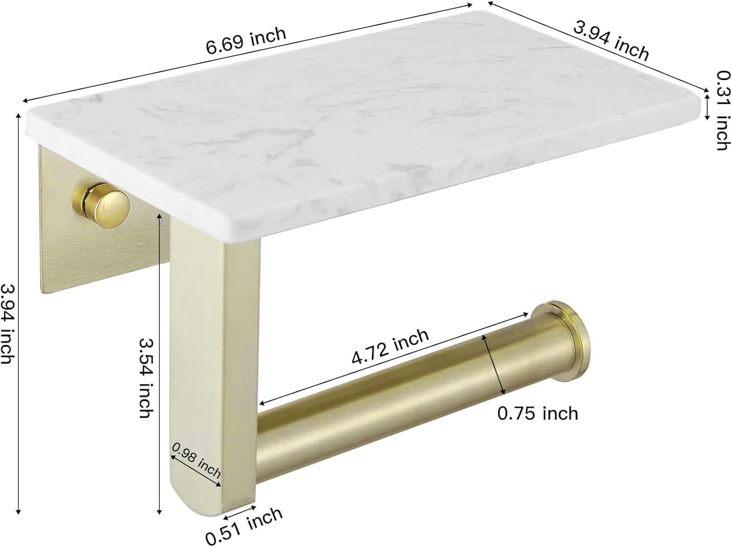BWE Brushed Gold Toilet Paper Holder with Marble Shelf Wall Mounted | Toilet Paper Roll Holder with Phone Shelf 304