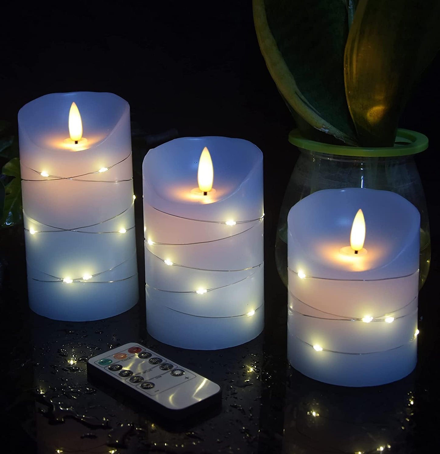 danip Sky Blue LED Flameless Candle, with Embedded Star String, 3-Piece Set of LED Candles, with 11 Button Remote