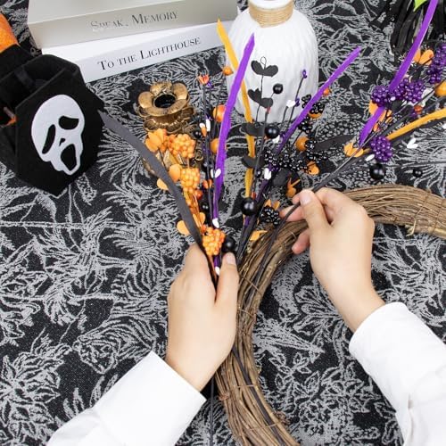 Yawwind 6 PCs Halloween Flowers Artificial 17 Inches Black Halloween Stems with Berry Branch Gothic Floral Picks for Vase Flower Arrangement Home Party Thanksgiving Harvest Decor