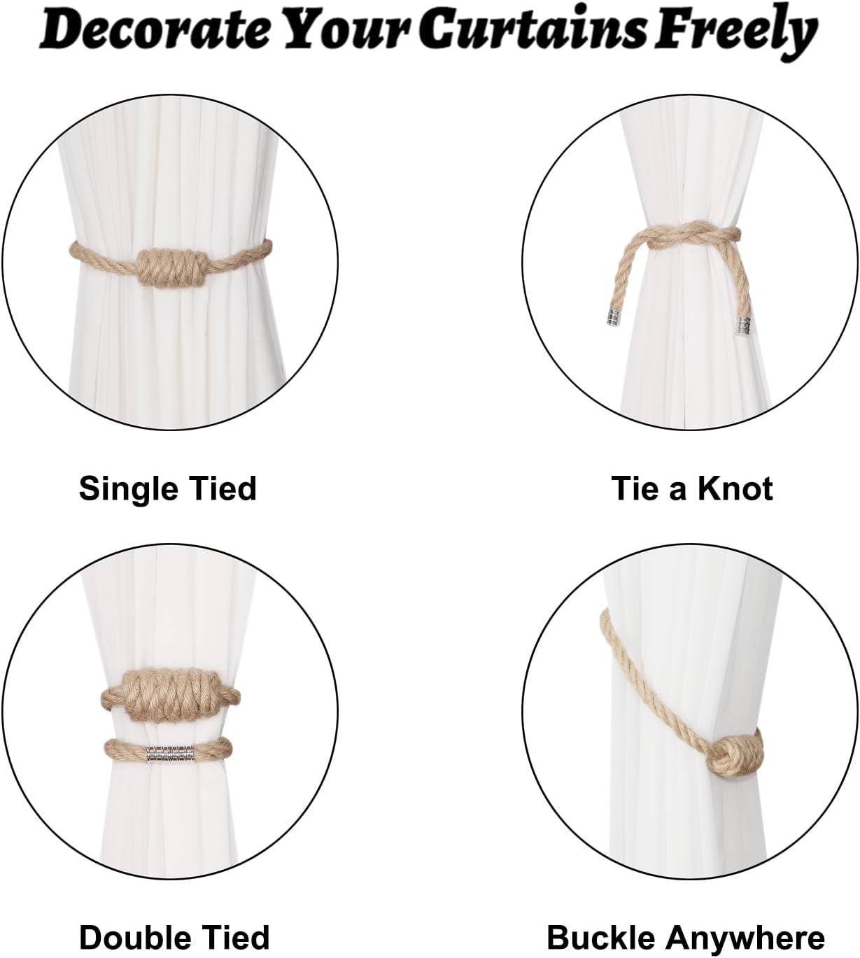 BEL AVENIR Magnetic Jute Curtain Tiebacks 6 Pack Hand-Woven Curtain Ties | Decorative Curtain Holdbacks Bohemian Style