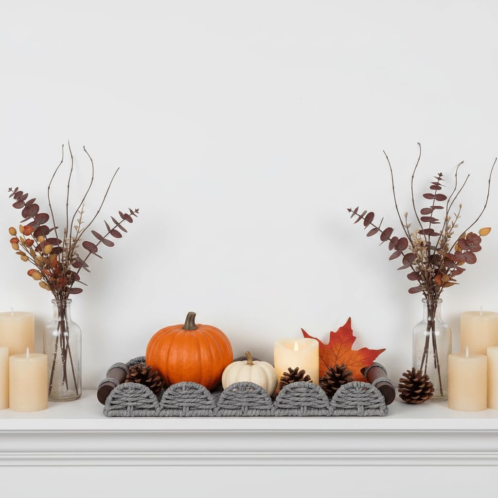 Scalloped Decorative Tray w/Wood Handle for Counter / Gray / 13 x 6.3 x 1.6