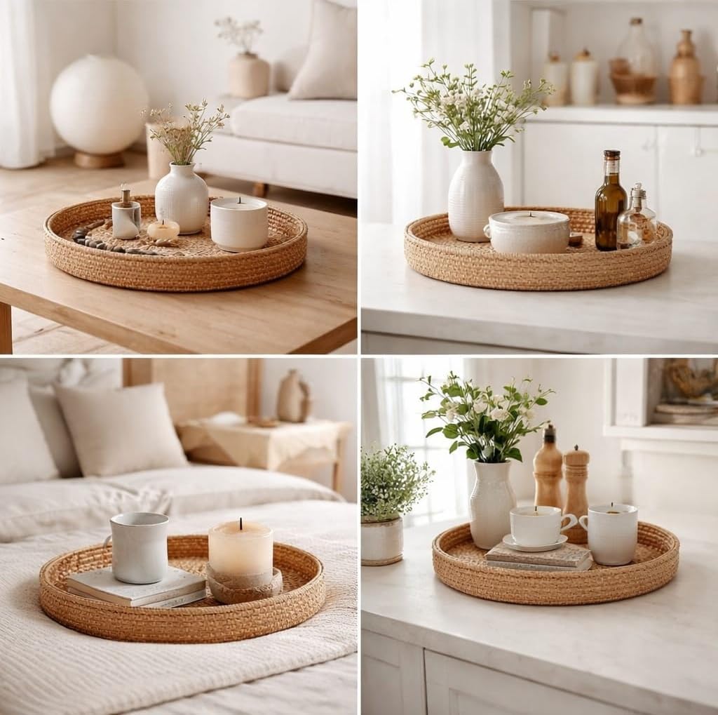 Round Rattan Serving Tray Set