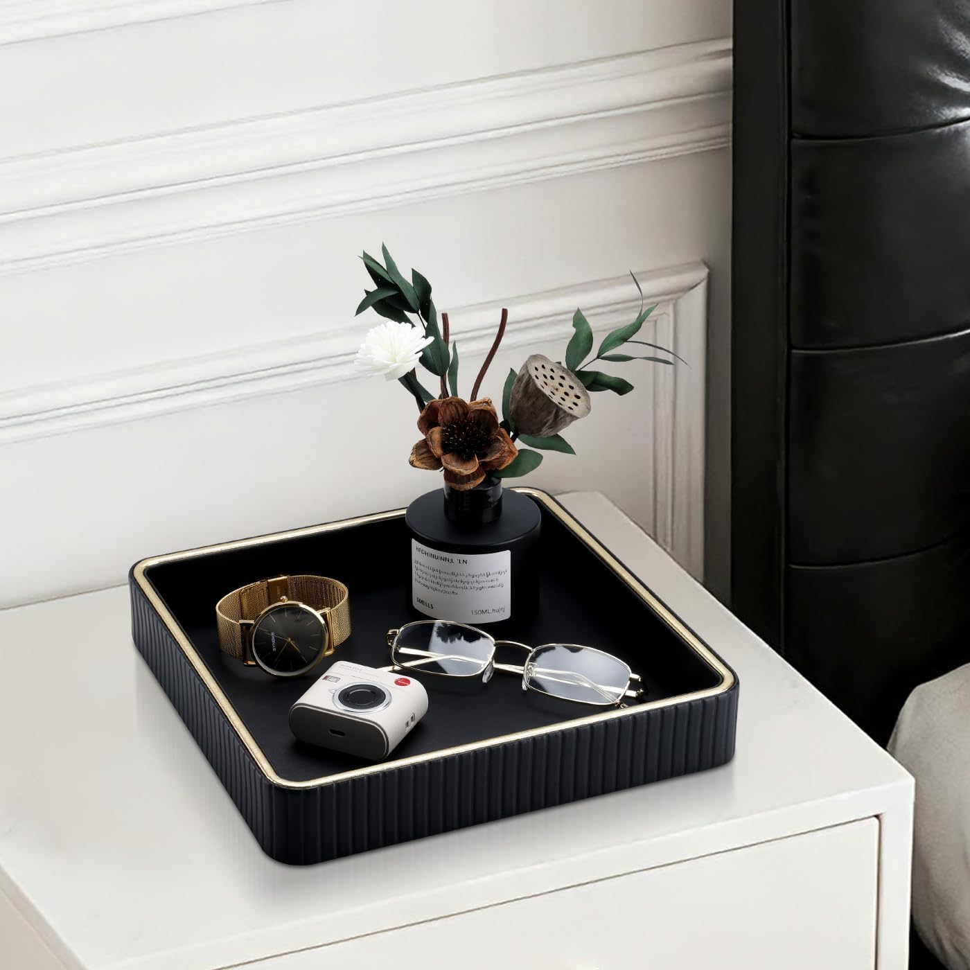 Leather Valet Tray Nightstand Organizer / Black