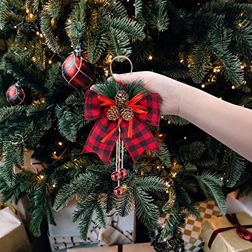 codree 6 Pcs Christmas Burlap Plaid Bows with Pine Cones Pine Needles