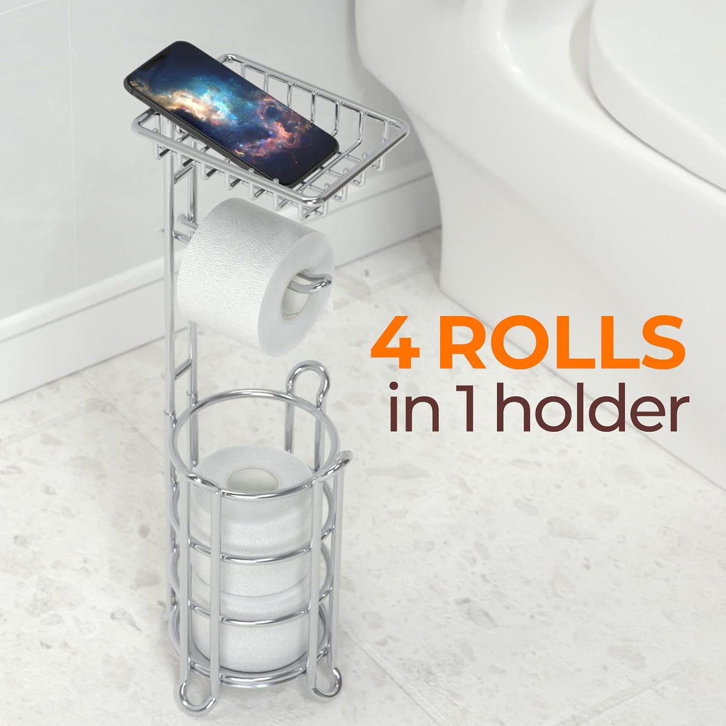 TreeLen Toilet Paper Holder Stand Toilet Tissue Roll Holder with Shelf for Bathroom Storage Holds Phone/ Wipe/ Mega