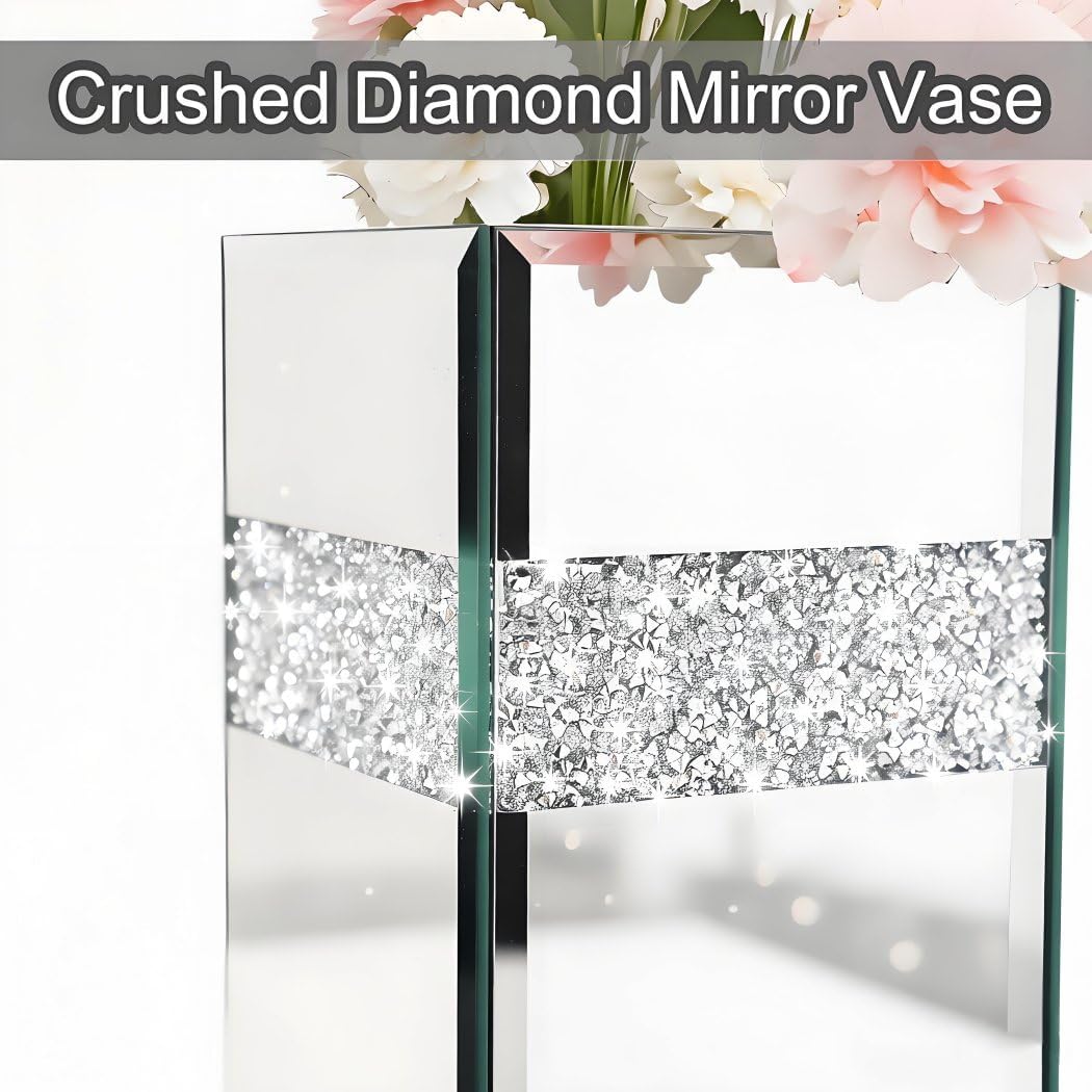 Crushed Diamond Mirrored Vase Pieces Small Middle Large. Crystal / 6 x 6 x 6 / Silver / Set of 3