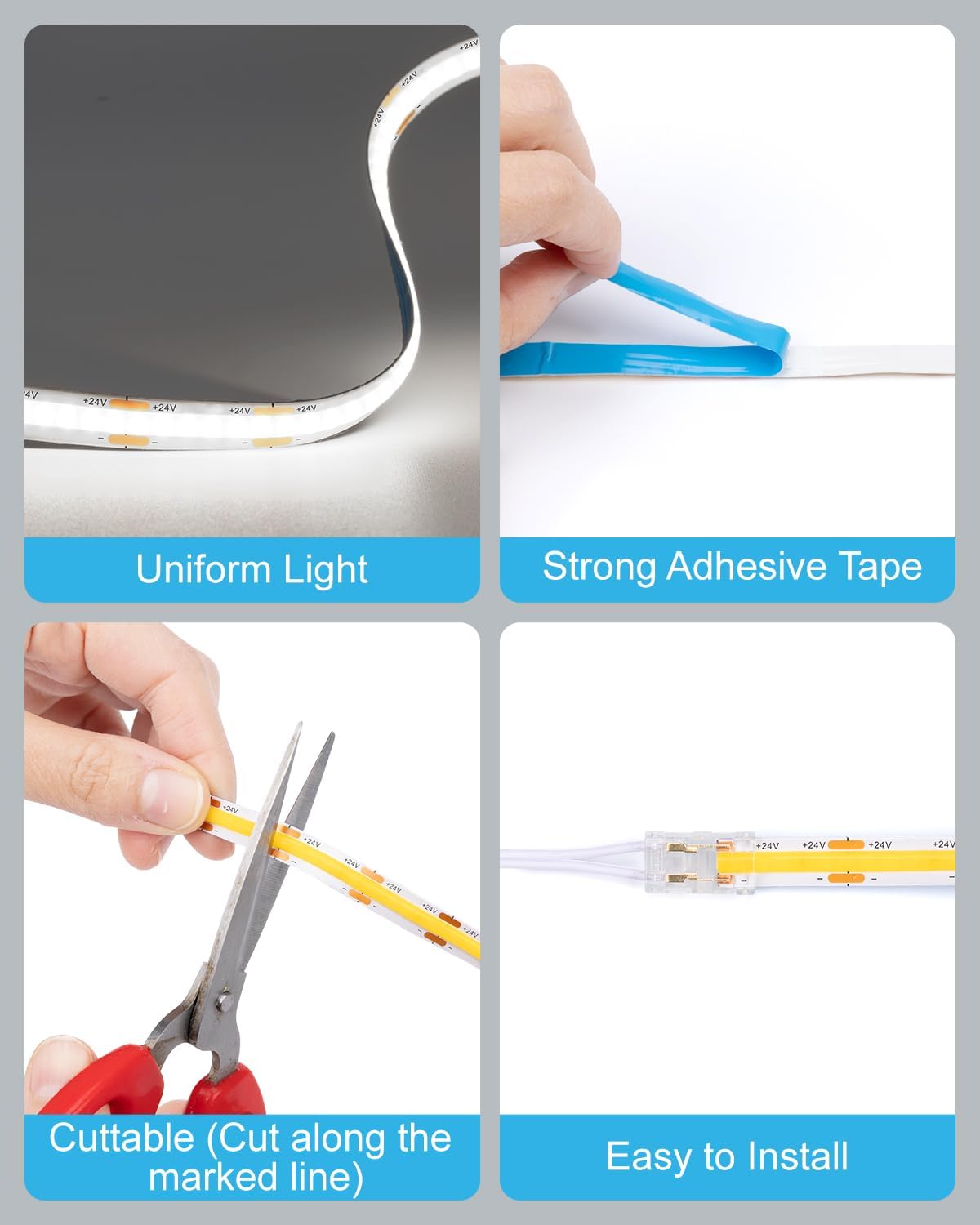 JUSJUBR Display Cabinet Lights, 32.8ft 24V Dimmable Cuttable COB LED Strip Lights, Cold White 6000K, Under Cabinet