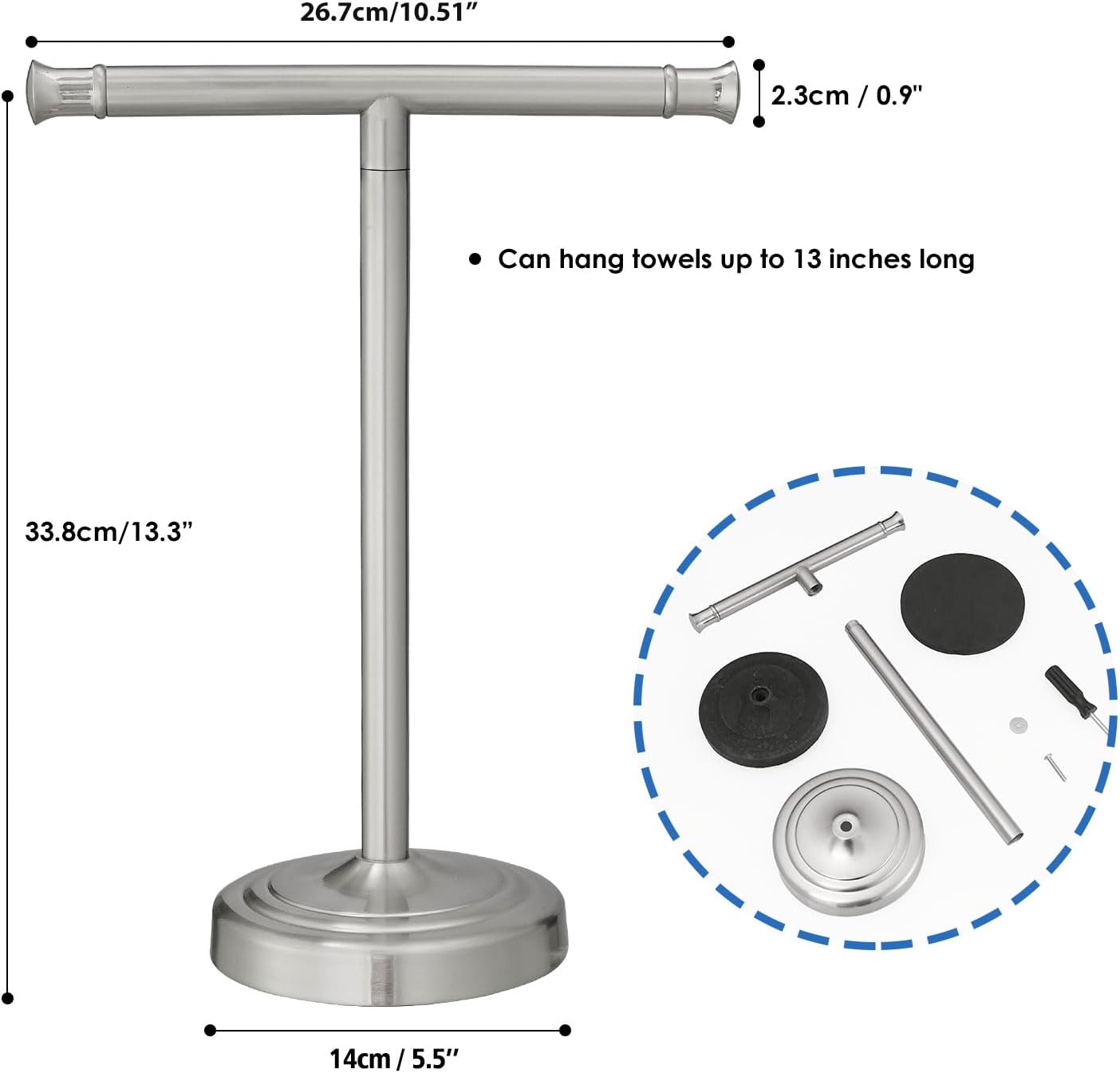 RUMOSE Brushed Nickel Hand Towel Holder Stand Countertop Towel Rack | 13 Inch Bathroom Kitchen Vanity T-Shape Towel