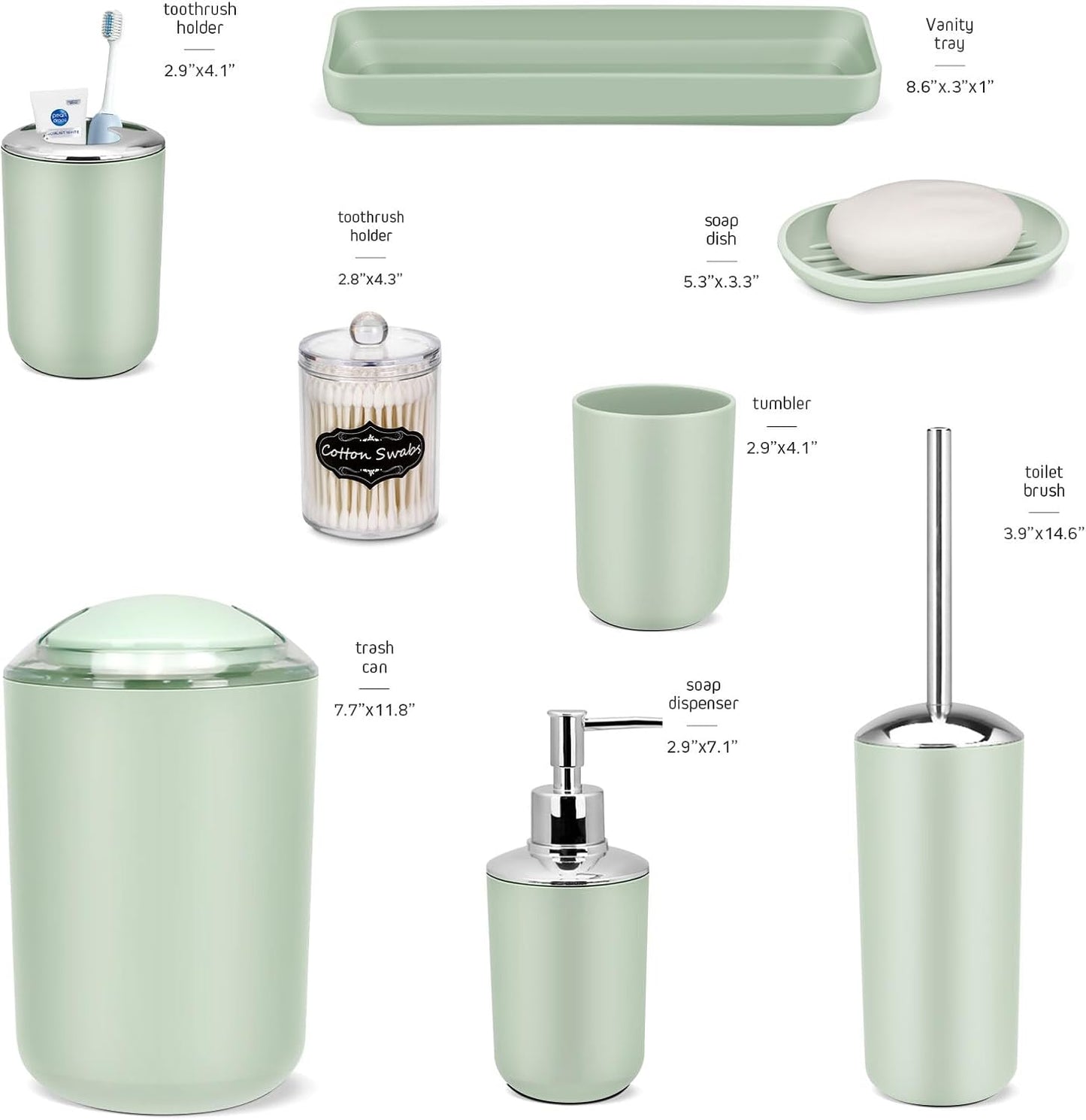 IMAVO Bathroom Accessories Set,Green Bathroom Set,9 Pieces Bathroom Accessory Set,Tray,Qtip Holders,Toilet Brush,Trash