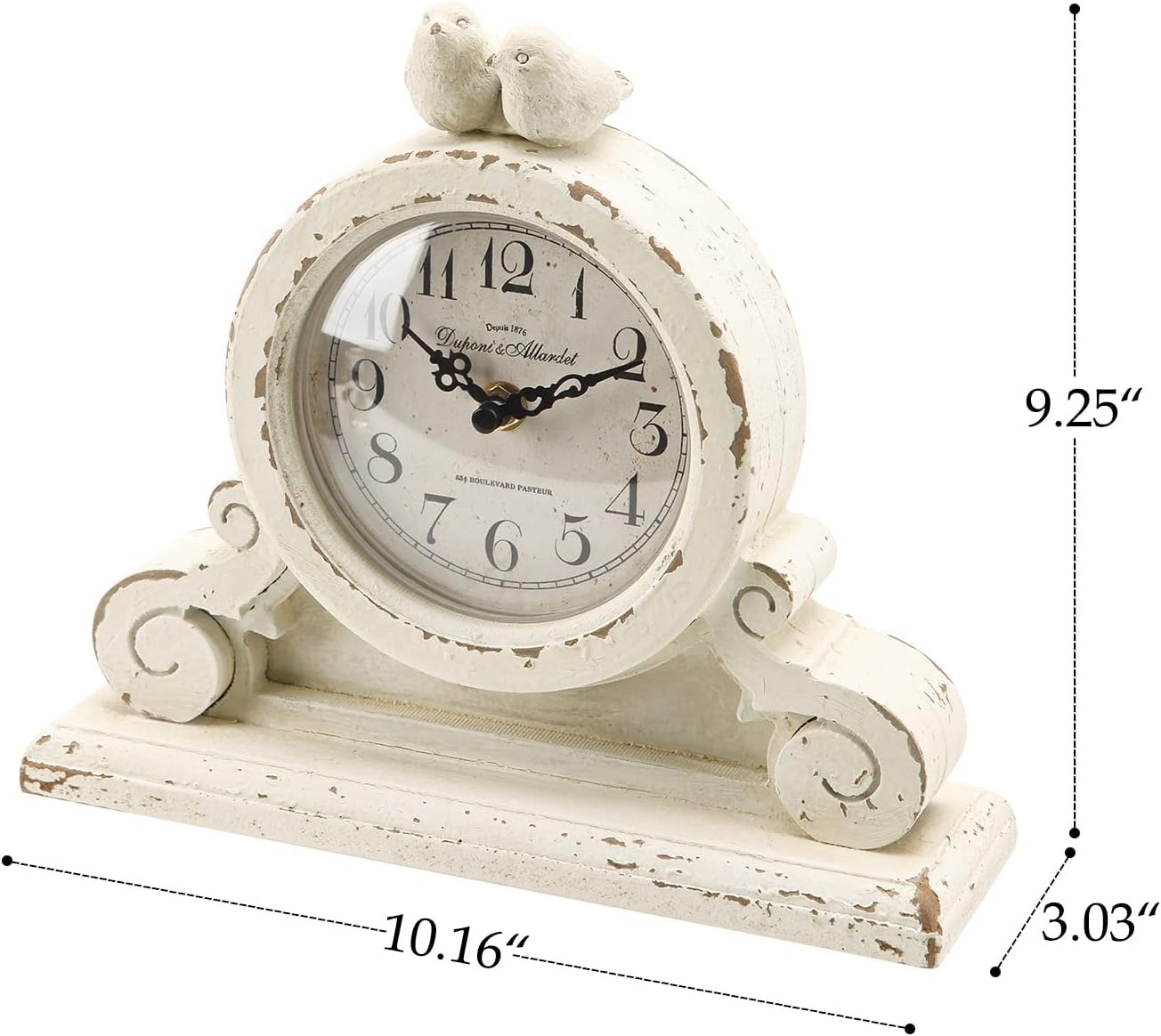 NIKKY HOME Vintage Bird Mantel Clock, Shabby Chic Wooden Table Clock | Rustic Distressed White Desk Clock with 2 Bird