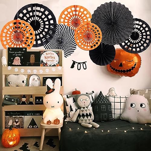 Halloween Party Decorations, Black and Orange Party Decorations, Halloween Spider Web Hanging Paper Fans Party Decorations for Basketball Birthday Graduation Gothic Office Halloween Party Decorations