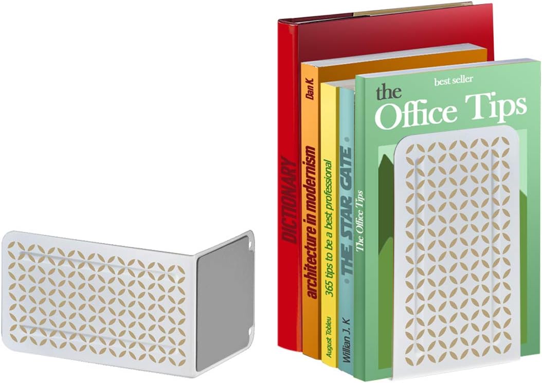 Heavy Duty Steel Metal Book Ends / 10 Cm x 11,5 Cm x 17,5 Cm / White Bookend with Gold Design