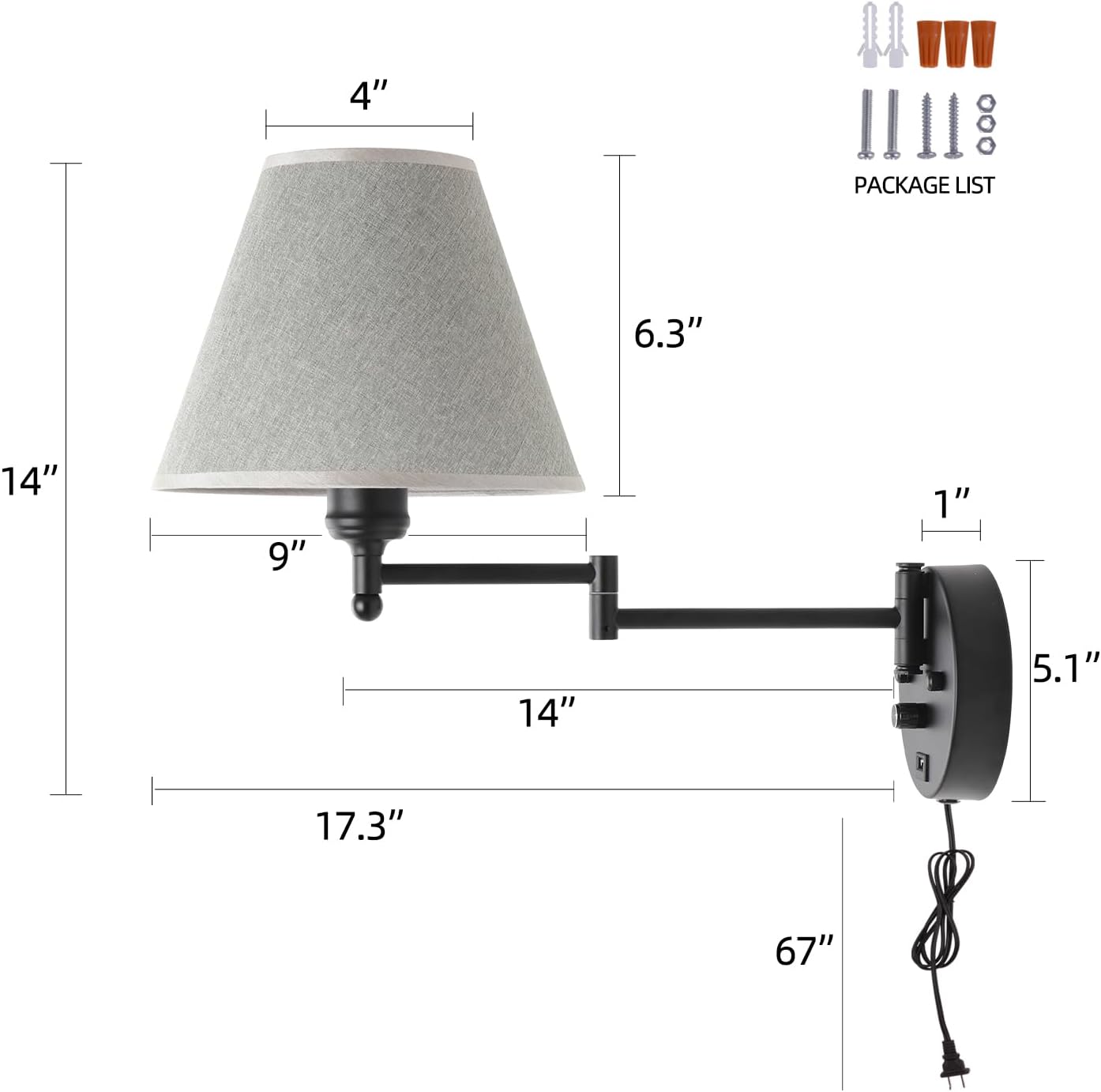 Swing Arm Wall Lamp.Wall Mount lamp with Dimmable Switch.Plug in Wall Sconces with USB Charging Port. Black Sconces