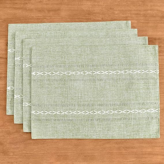 Wracra Cotton Linen Place Mats, Sage Green Embroidered Placemats Set of 6 | Placemats 12 x 18 Inch; Cotton Linen Woven