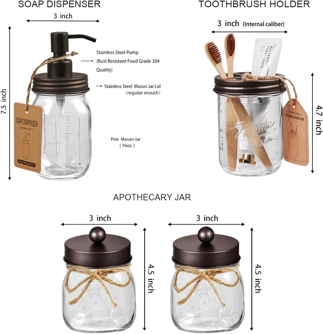 SheeChung Mason Jar Bathroom Accessories Set,6Pcs Rustic Bathroom Set,Brown | Glass Bathroom Accessory Set, Soap