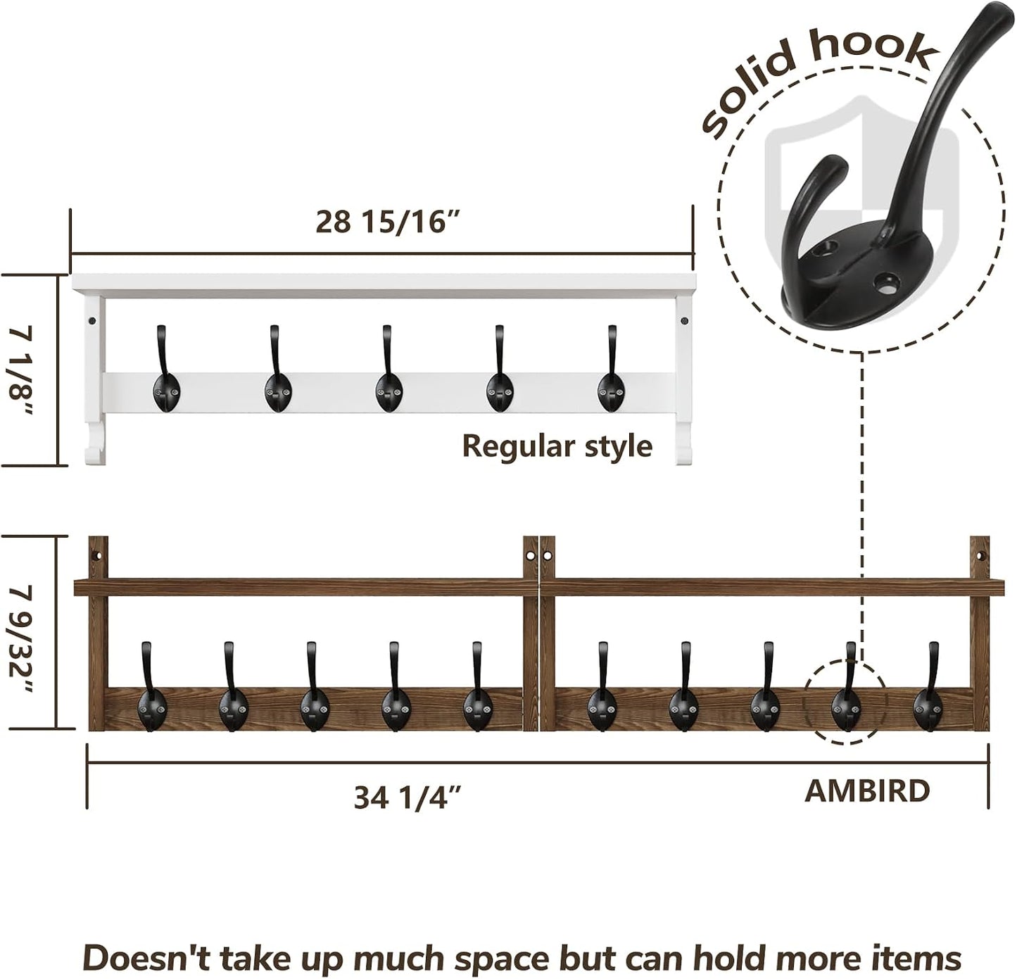 AMBIRD 34.2 inch Wooden Extra-Long Wall Hook Rack with Shelf - Versatile and Decorative Wall-Mounted Storage - 10 Hooks