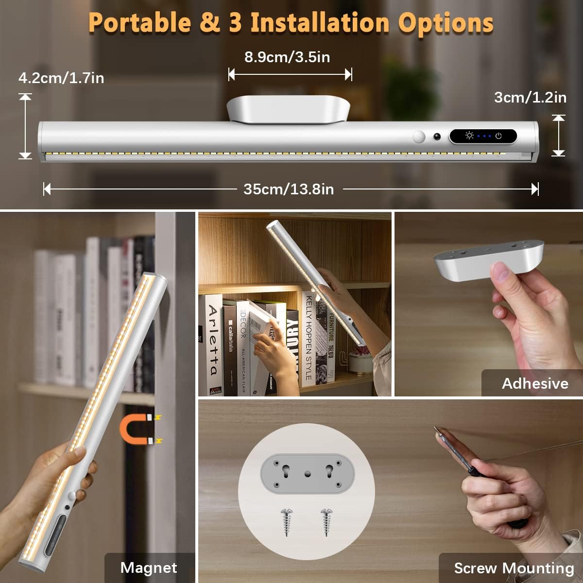 Battery Powered Operated Wall Strip Light with Motion Sensor | LED Light Bar, Rechargeable Magnetic Under Cabinet