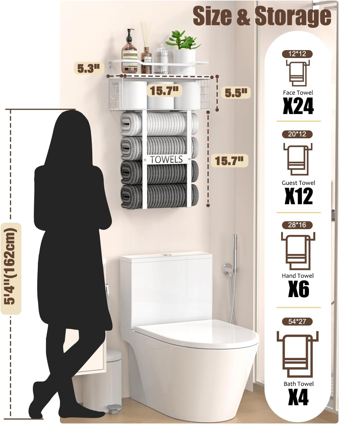 Towel Racks for Bathroom Wall Mounted - Bath Wall Towel Holder Set Above Toilet Storage, Rolled Towel Shelf Organizer