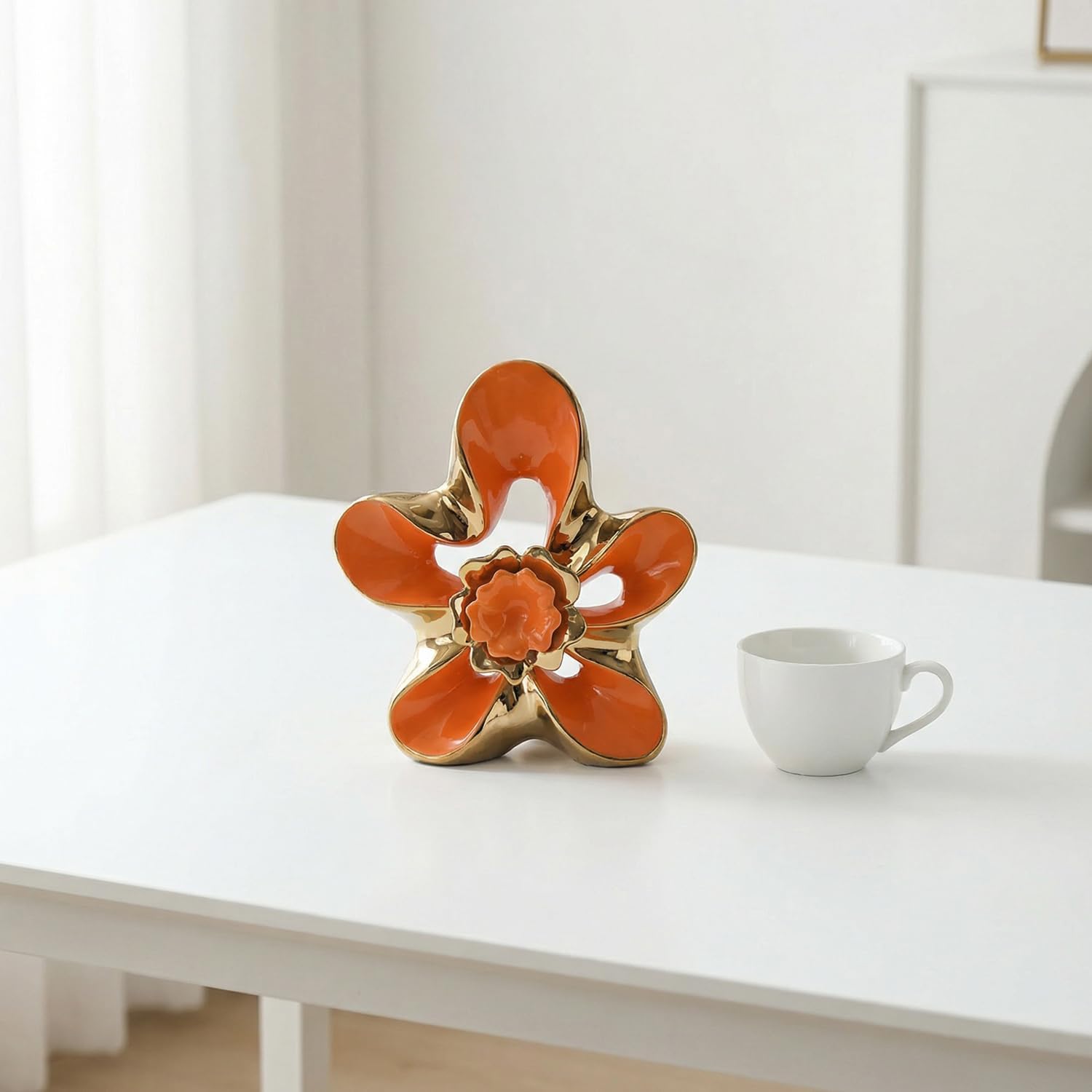 Ceramic Statue Home Decor Aesthetic Abstract Flower Sculpture Modern Decorative / Orange and Gold