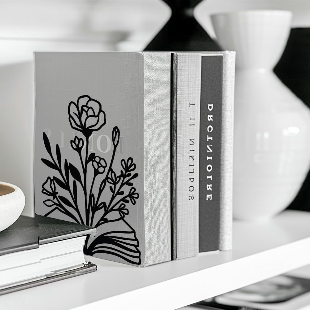 Metal Bookends / Modern Decorative Heavy Duty Study Book Support Stoppers / Books and Flowers