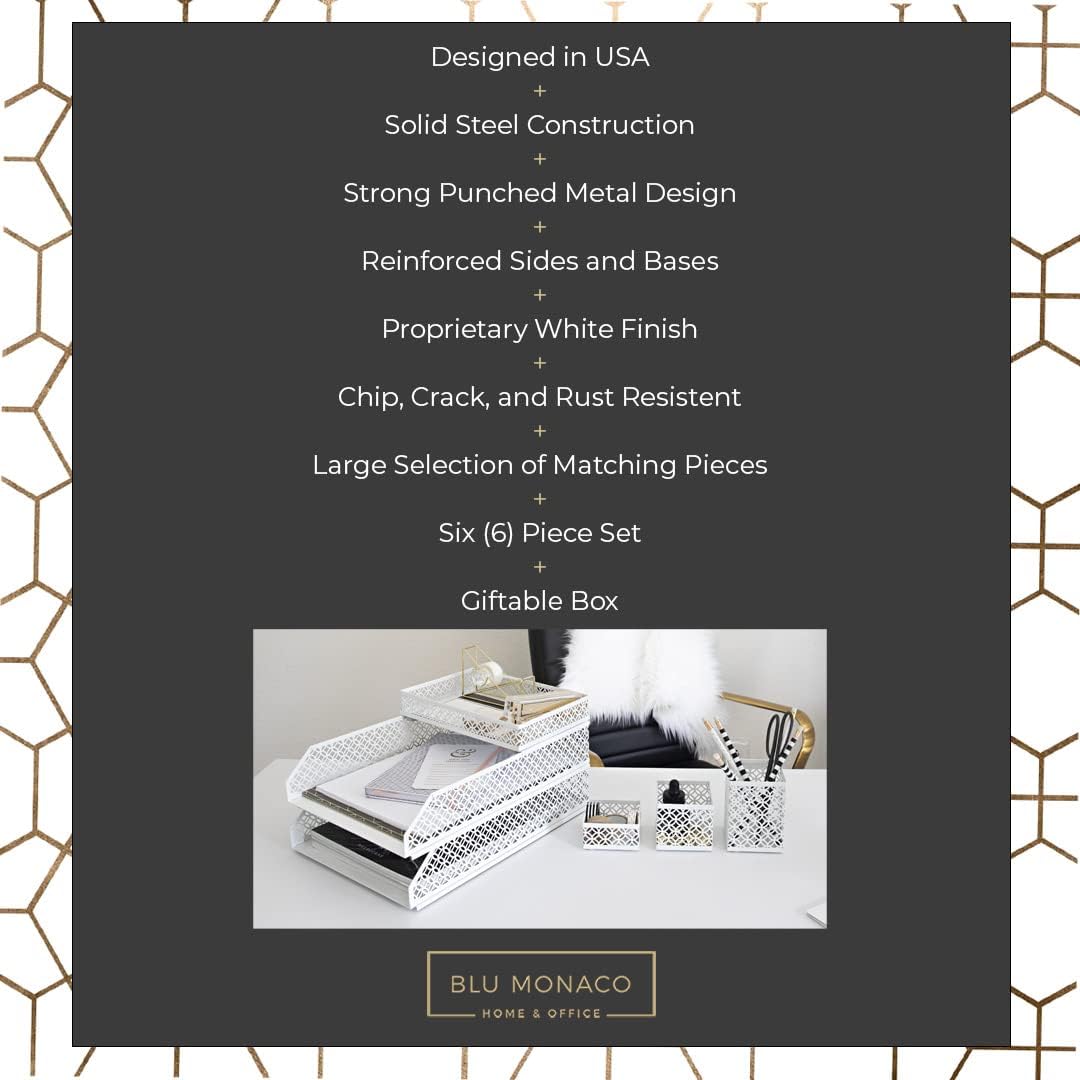 BLU MONACO | White Desk Organizer Set | 6 Piece Metal Desk Organizer with Pen Cup, Accessory Trays, and Letter Trays