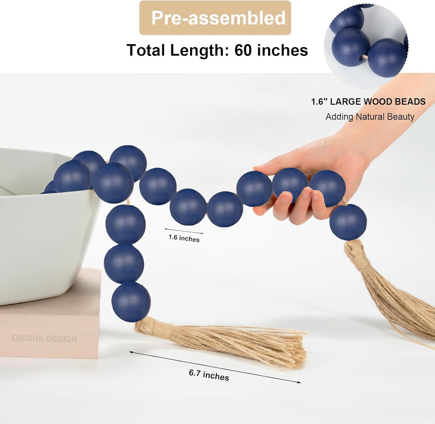 60" Long Extra Large Wood Bead Garland in Navy Blue / 5 Navy Blue / 60 Inches