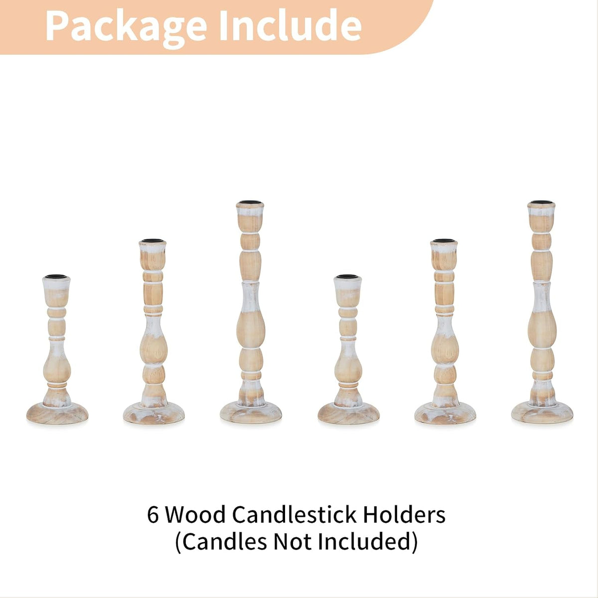 NUPTIO Tall Wooden Taper Candle Holders, Set of 6, Whitewashed | Modern Boho Farmhouse Style, Solid Pine Wood, Rustic