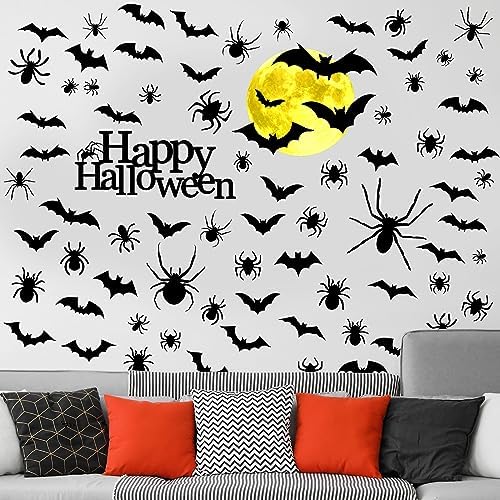 Qeeenar 76 Pcs Halloween Wall Decals Stickers Bats Wall Decor, 6 Sheets