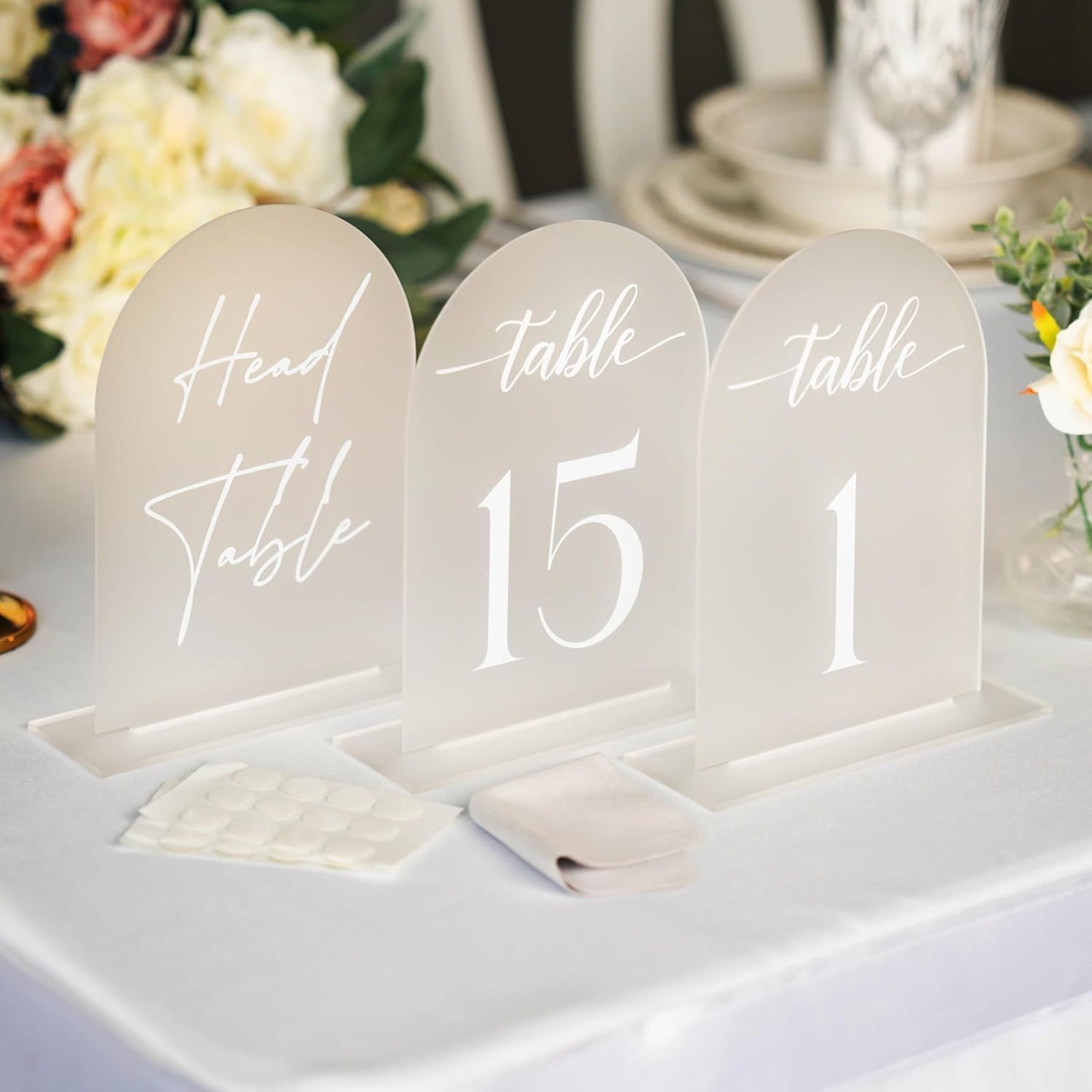 Frosted Arch Acrylic Table Numbers for Wedding Reception - 5" x 7" White Font Centerpiece Set with Holder Stands & Head