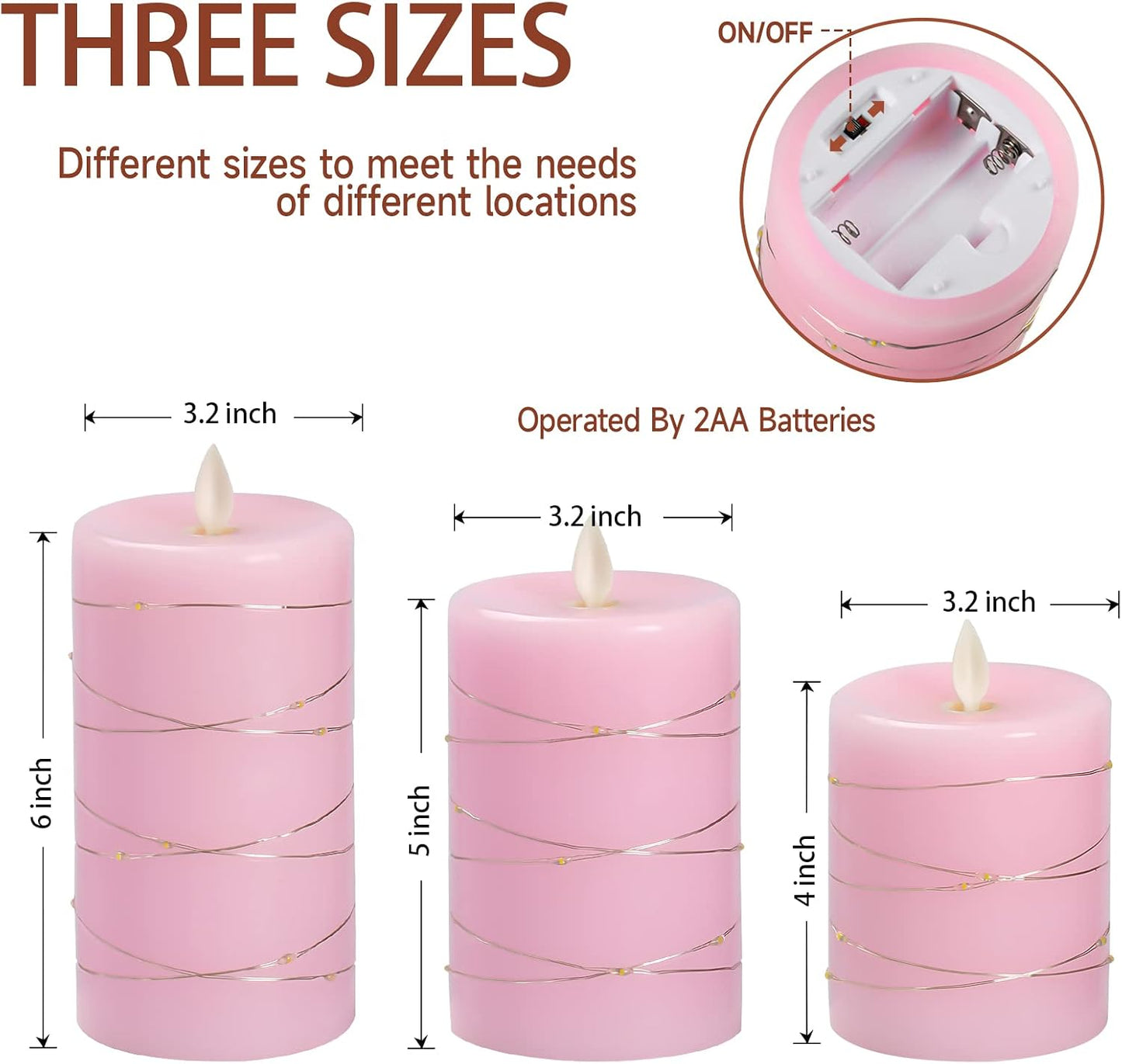 Pink Flameless Candles with String Lights Battery Operated Flickering LED Pillar Candles 4‘’ 5‘’ 6‘’ Candle with Remote