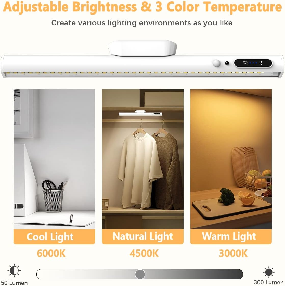 Hapfish Motion Sensor LED Light Bar Indoor,Under Cabinet Lighting Wireless | Rechargeable Magnetic Battery Powered