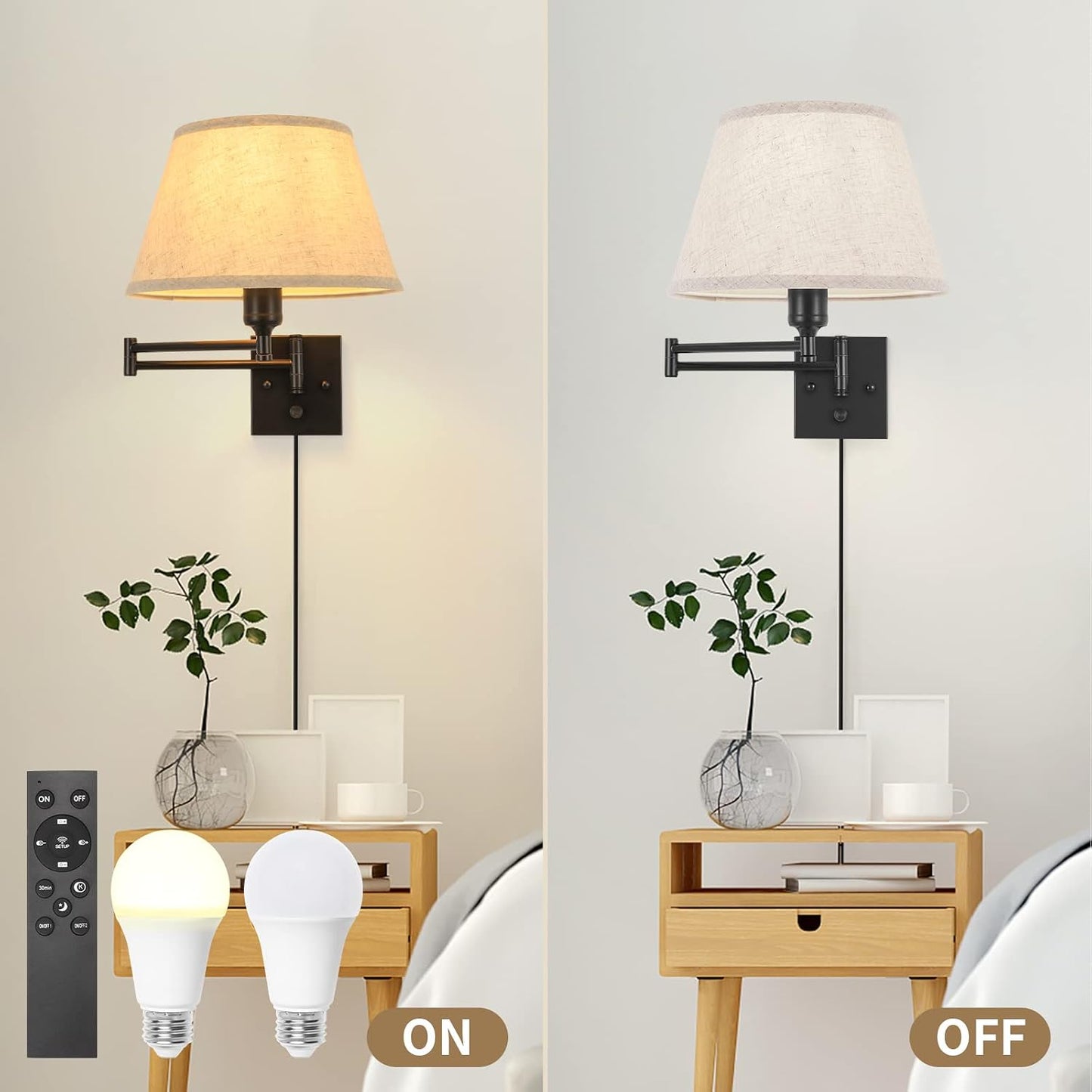 TRLIFE Wall Sconce Plug in, Remote Control Dimming 10-100% and Adjustable Color Temperature 2700K-6500K Swing Arm Wall
