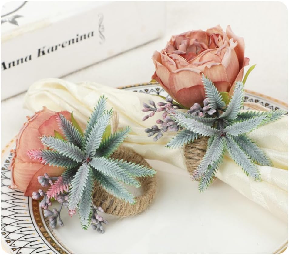 Floral Napkin Rings Set of 6,Rustic Rose Napkin Rings Flower Dinner Napkin Holder for Table Decoration (26#Pink)