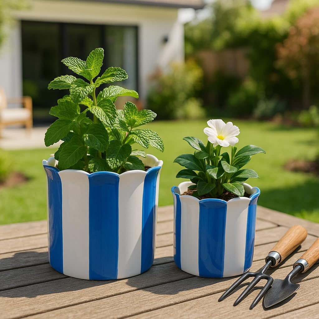 Flower Pots / Decorative Striped Scallop Edge Planters Accent / 7 Inches / Blue