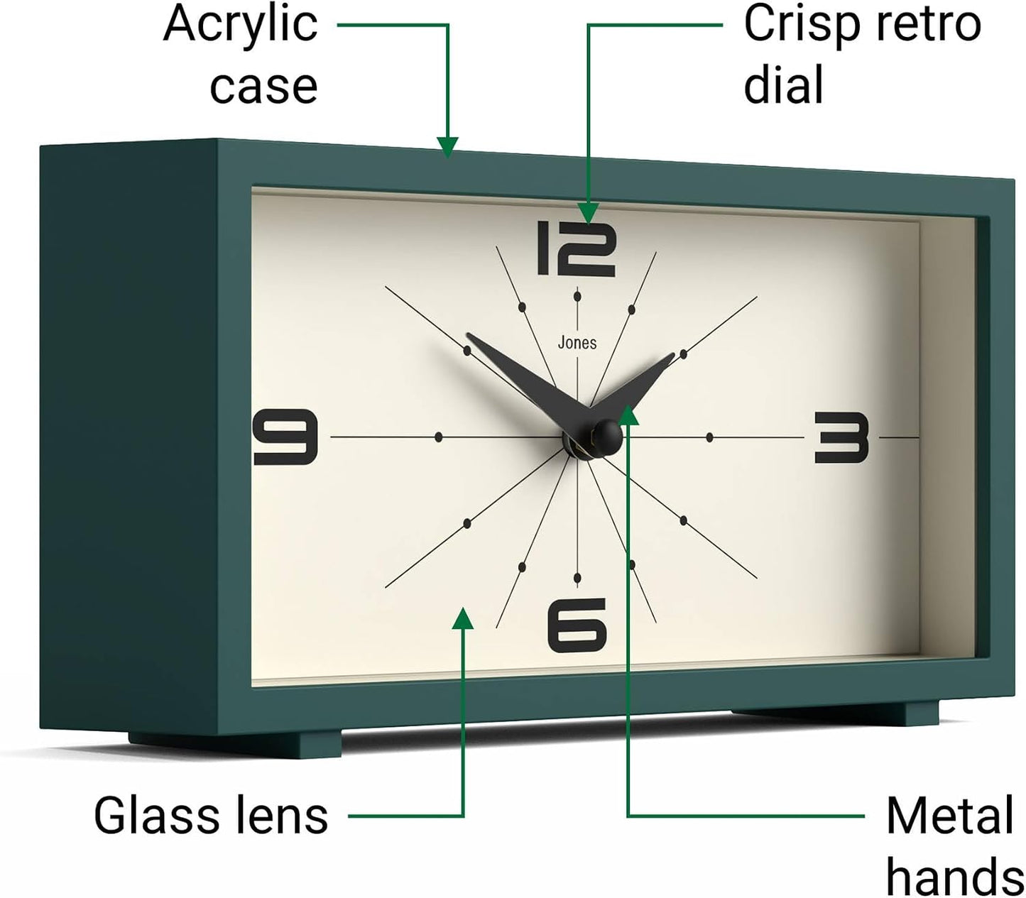 JONES CLOCKS® Odeon Desk Clock | Modern Rectangular Design | Dark Green | Stylish Retro Look for Shelf, Table, Mantel