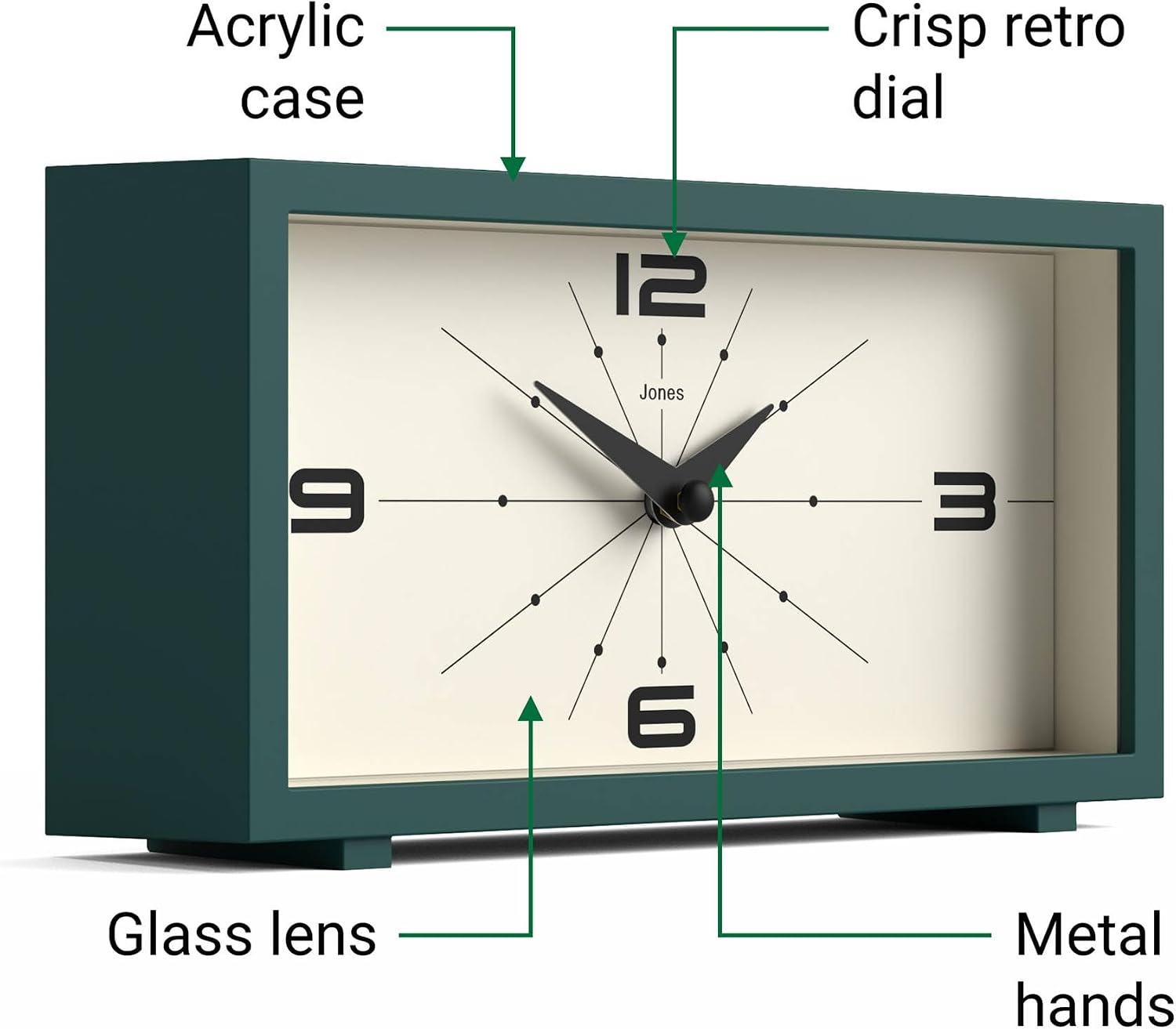 JONES CLOCKS® Odeon Desk Clock | Modern Rectangular Design | Dark Green | Stylish Retro Look for Shelf, Table, Mantel
