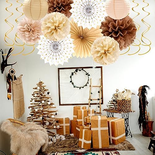 Boho Baby-Shower White-Brown Champagne Fall Party-Decorations - 33pcs Banner,Streamers Tassel Garland,Tissue Pom Poms Honeycomb,Paper Lantern Fan,Autumn,Bridal,Christmas,Birthday,Wedding Decor Hugtmr