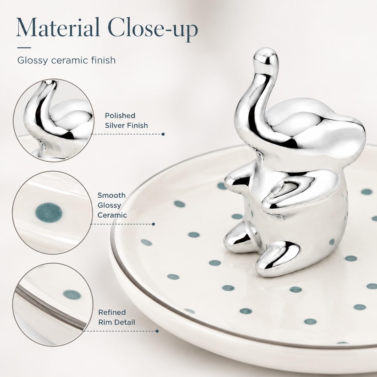 Ring Holder Jewelry Dish Ceramic Trinket Tray for Rings Earrings Necklace / Elephant / Silver