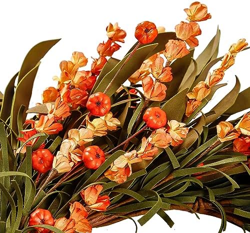Sggvecsy Artificial Fall Wreath - 22'' Autumn Front Door Wreath with Harvest Foam Leaves, Small Pumpkins for Outside, Indoor Wall, Window Festival, Thanksgiving Decor
