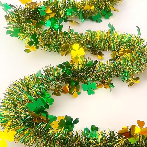 66 Ft St.Patrick's Day Tinsel Garland Decorations Shiny Thick Green Hat and Gold Shamrock Design St Patricks Day Clover Hanging Decor Garland for Irish Holiday Party Parade Floats Ornaments