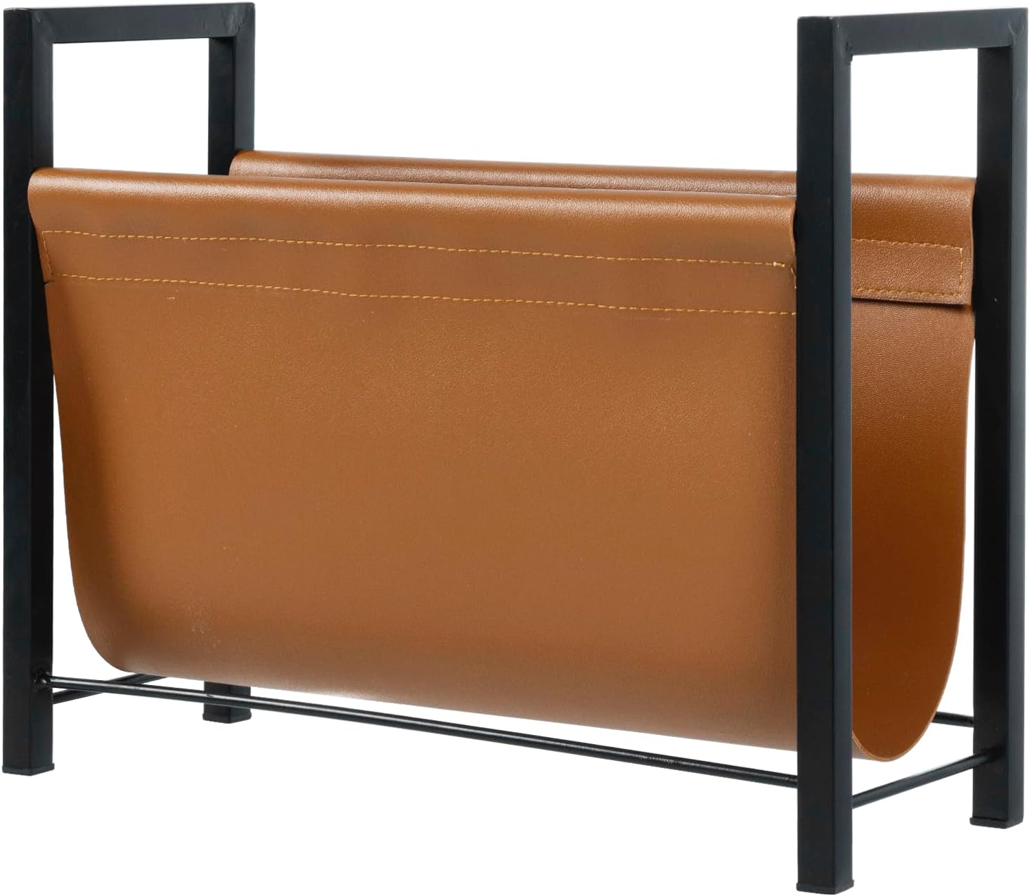 MyGift Caramel Leatherette Magazine Holder, Black Metal Floor Rack | Open sling design keeps magazines, newspapers, and