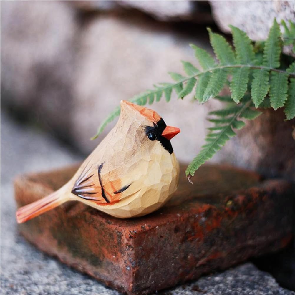 Hand-Carved Wooden Northern Cardinal Figurines / Red & Brown