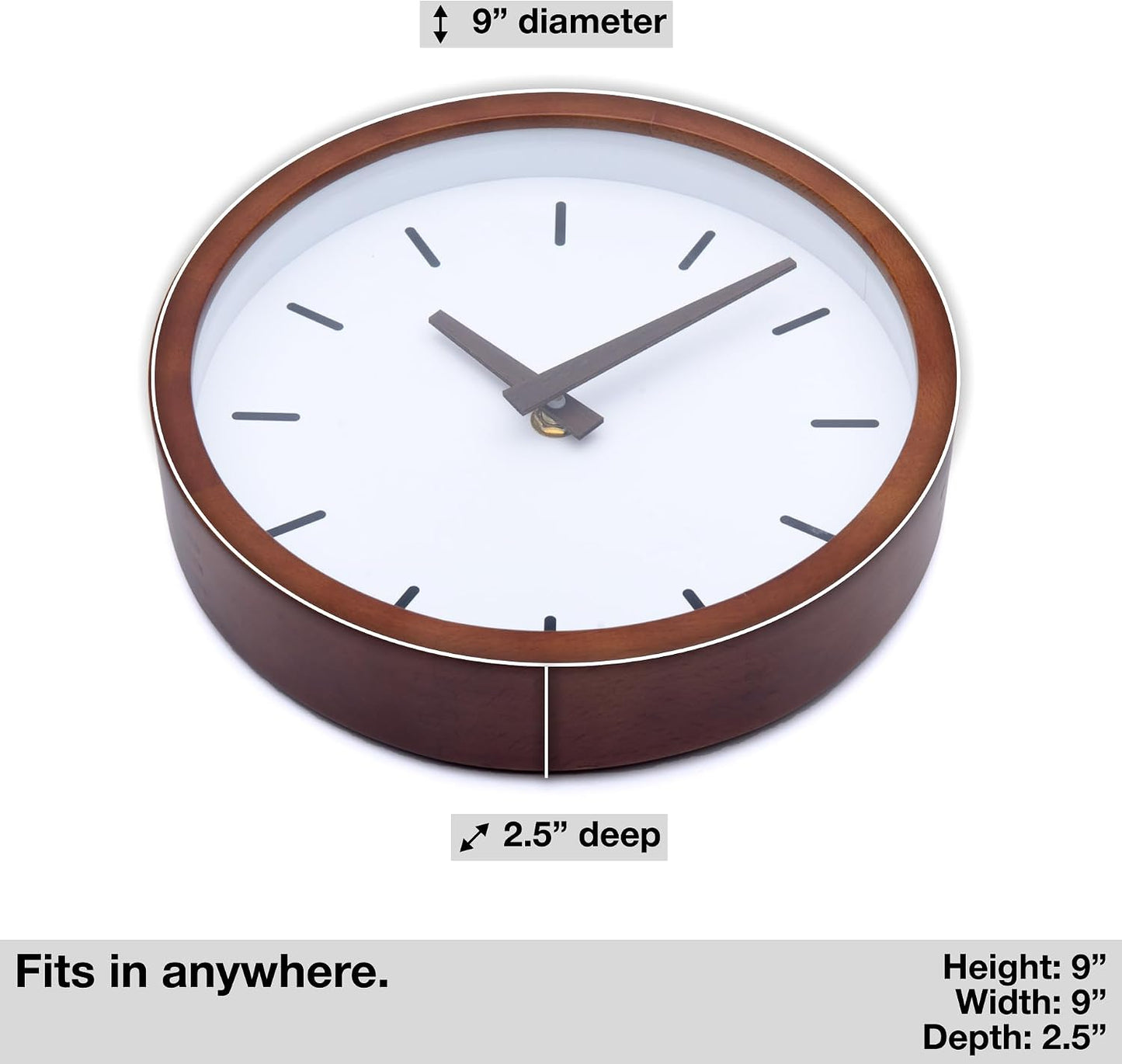 Driini Modern Mid Century Wood Analog Wall Clock (9") - Battery Operated with Silent Sweep Movement - Small Decorative