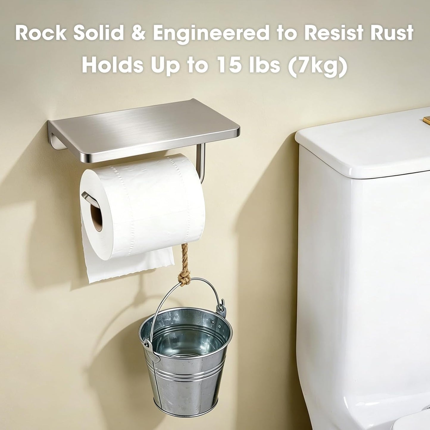 TRUSTMI Toilet Paper Holder with Shelf & Phone Stand, Brushed Nickel | Solid zinc alloy holder holds 15 lbs and fits