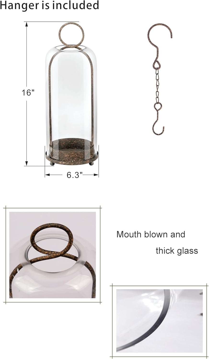 16" High Versatile Modern Metal Hurricane Lantern with Handmade Sturdy Glass Dome in Rustic Brown for Pillar Candle &
