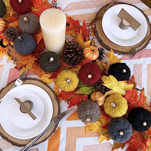 Winlyn 12 Pcs Assorted Small Faux Sherpa Pumpkins Decorative Burgundy Yellow Olive Gray Taupe Black Fabric Foam Pumpkins for Farmhouse Fall Thanksgiving Halloween Table Centerpiece Decor