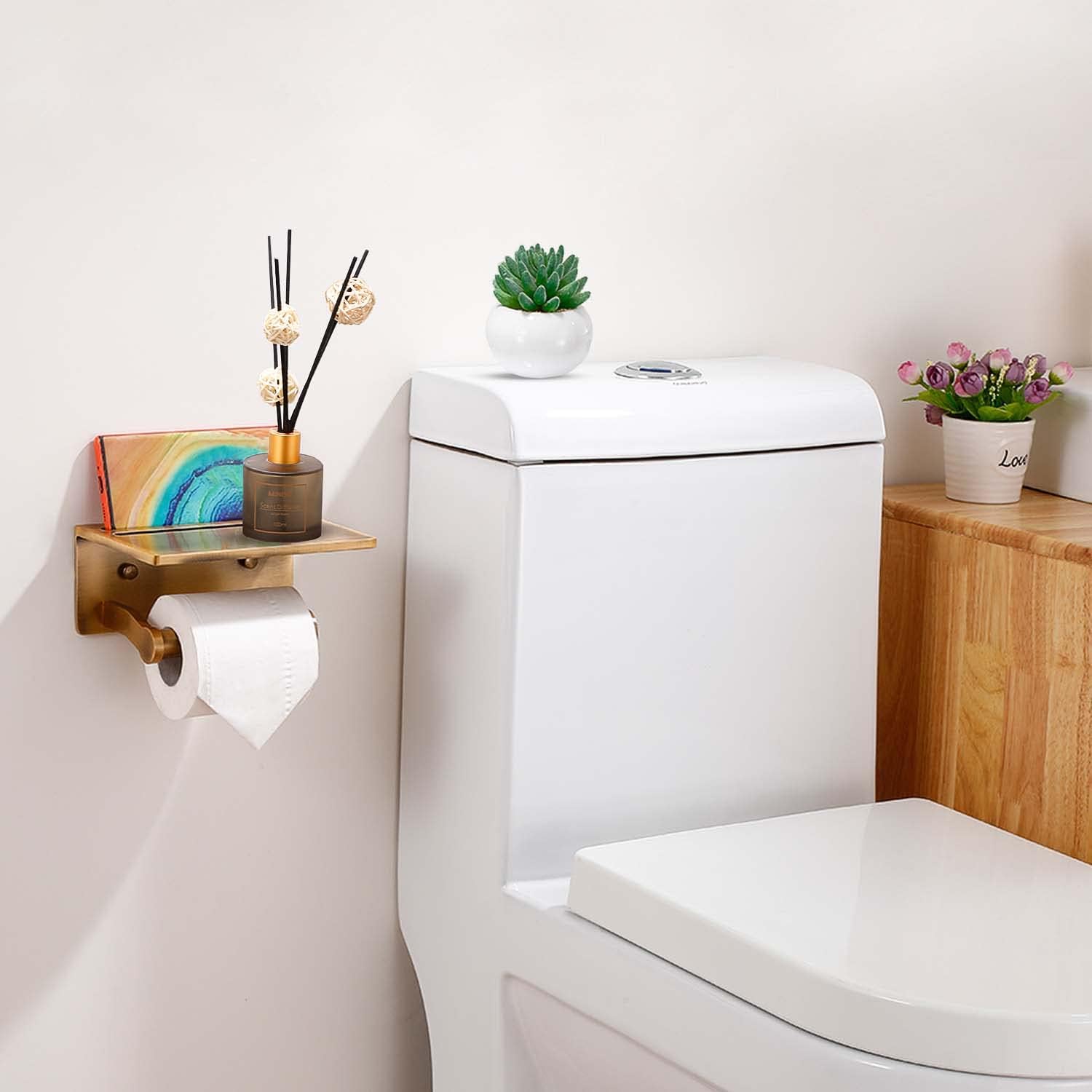 Toilet Paper Holder with Shelf, Aluminum Tissue Roll Dispenser with Mobile Phone Storage Shelf for Bathroom, 3M Self