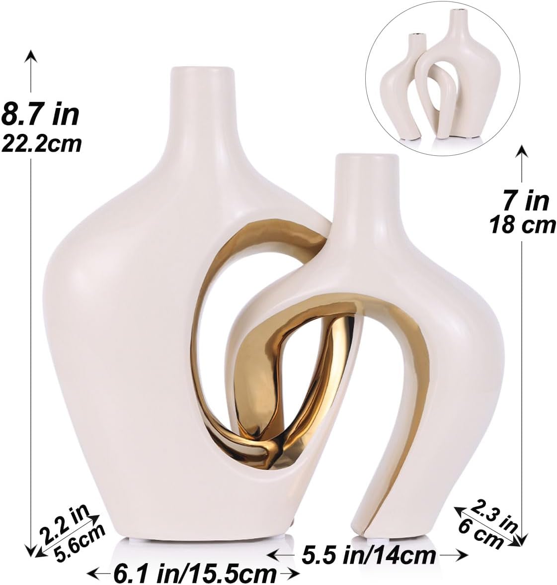 Ceramic Vase / Modern Donut & Hollow Style / White and Gold / Set of 2